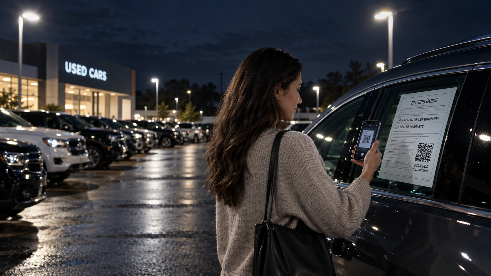 A shopper scanning the QR code on a car's Buyers Guide at a dealership lot at night